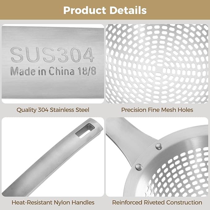 2 Pcs 304 Stainless Steel Skimmer Spoon Set, 5.51 in Large Small Hole Ladle, Long Nylon Handle Strainer Colander for Frying, Hot Pot, Noodle, 14.37 x 5.51 x 1.54 in