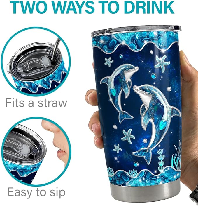 SANDJEST Dolphin Gifts for Women Girls Dolphin Tumbler 20oz Jewelry Drawings Stainless Steel Insulated Tumblers Coffee Travel Mug Cup Gift for Birthday Christmas