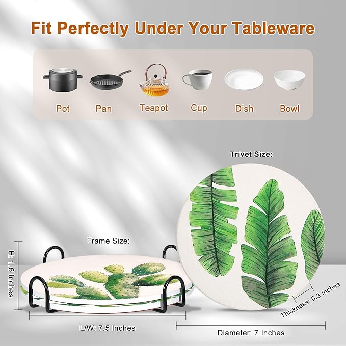 3-Pcs 8'' Ceramic Marble Style Trivet with Holder, Absorbent Trivets for Hot Dishes, Cork Bottom Anti-Slip Trivet Mats for Hot Pots and Pans