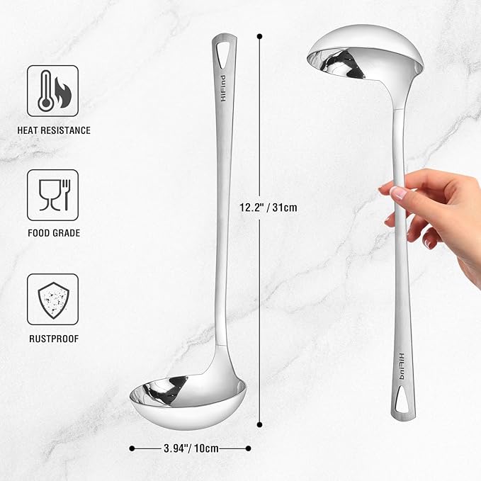 Cooking Spoon 12.2 Inches Kitchen Stainless Steel Round Ladle, Heavy-Duty, Heat Resistance, Rust-Resistant Kitchen Ergonomic Handle for Chefs Serving Soups, Stews