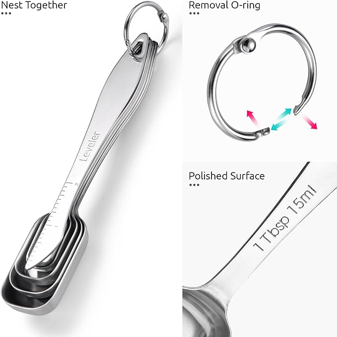 U-Taste Narrow Square Measuring Spoons: 18/8 Stainless Steel Kitchen Measure Teaspoon Tablespoon with Leveler, Polygon Rectangular Metal Jar Scoop for Baking Cooking, Coffee, Spice, Powder (Set of 7)