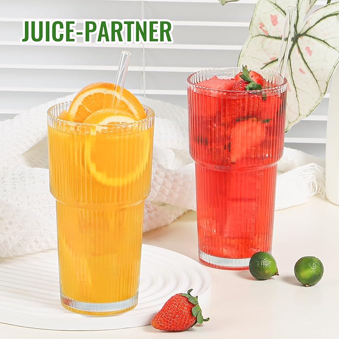 20 oz Glass Cups and Straw 2 Set, Glass Tumbler with Straw, Vintage Glassware for Whiskey Cocktail Beer, Iced Coffee Cups (2 PACK)
