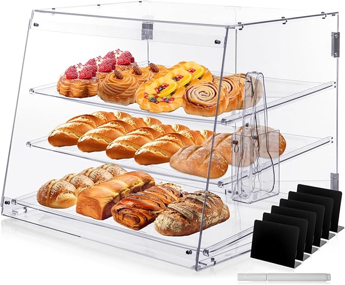 Bakery Display Case, Pastry Display Case Countertop 3 Tier Tray, Acrylic Clear Boxes for Bread Pastry Desserts Food Cookie, Display Cabinet Box for Baking Enthusiasts, 20.86 x 17.3 x 16.5 in