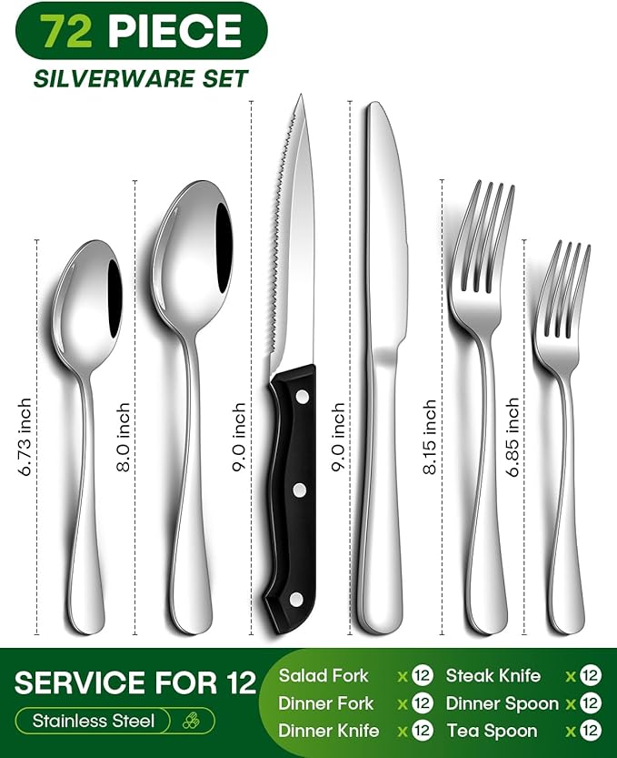 72 Pcs Silverware Set with Steak Knives Food-Grade Stainless Steel Flatware Set for 12 Mirror Cutlery Include Forks Spoons and Knives Set Dishwasher Safe Utensil Sets for Home Restaurant