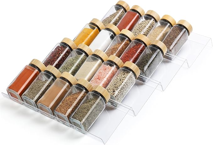 Spice Drawer Organizer 4 Tier, Acrylic Seasoning Organizer Rack, Clear Spice Rack Tray, Kitchen Seasoning Jars Drawers Insert (Jars Not Included/ Expandable From 13" to 26")