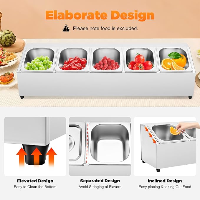 5 Pan Spice Rack Shelf, Stainless Steel Seasoning Organizer with 5 1.5L Food Containers and Lids, Pizza Topping Station Organizer Inclined for Restaurants, Hot Pot and Fruit Shops, 33.86x8.86x8.66in