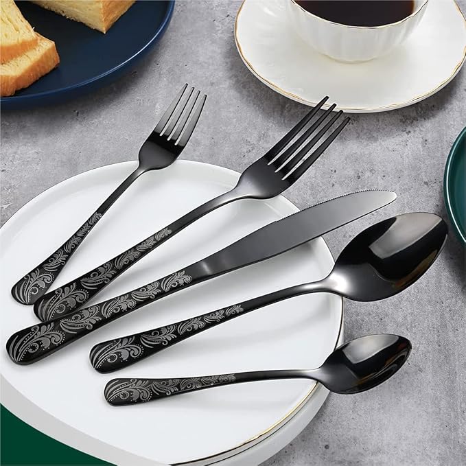 Black Silverware Set, Stainless Steel Flatware Set 30 Pcs for 6, Includes Forks Knives Spoons, Mirror Polished Eating Utensils Sets, Durable Restaurant Cutlery Set - Dishwasher Safe