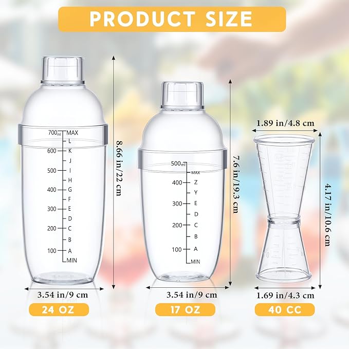 Uiifan 6 Pcs Plastic Cocktail Shaker Set 4 Pcs 17 oz 24 oz Hand Drink Mixer and 2 Ounce Cup with Measurements Mixing Tool for Bar Party Tea Coffee Milk