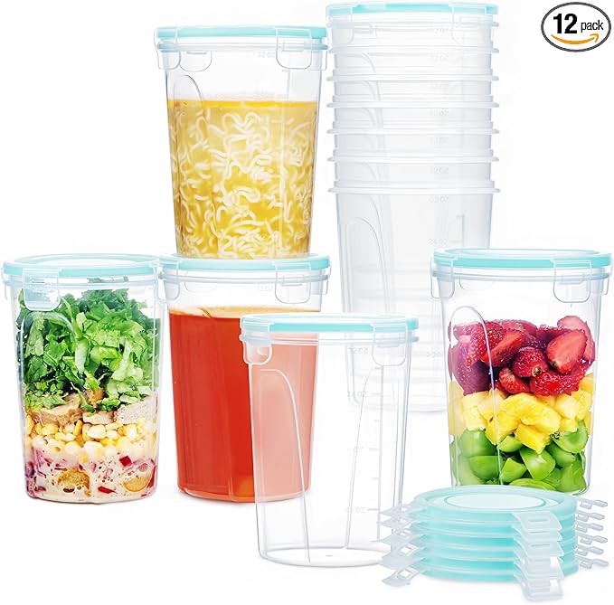 Vtopmart 12 Pack 32oz Deli Containers with Airtight Lids, Soup Containers for Take-out, Plastic Food Storage Containers for Meal Prep, Salad, Fruit, Lunch, Microwave/Dishwasher/Freezer Safe