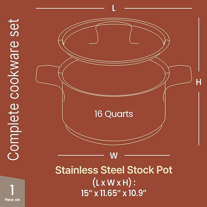 Stainless Steel Stockpot with Lid 16 Quart, Durable 18/8 Stainless Steel, Impact-Bonded Base for Even Heating, Riveted Handles, Oven & All Stove Compatible, Safe Up To 500°F (260°C)