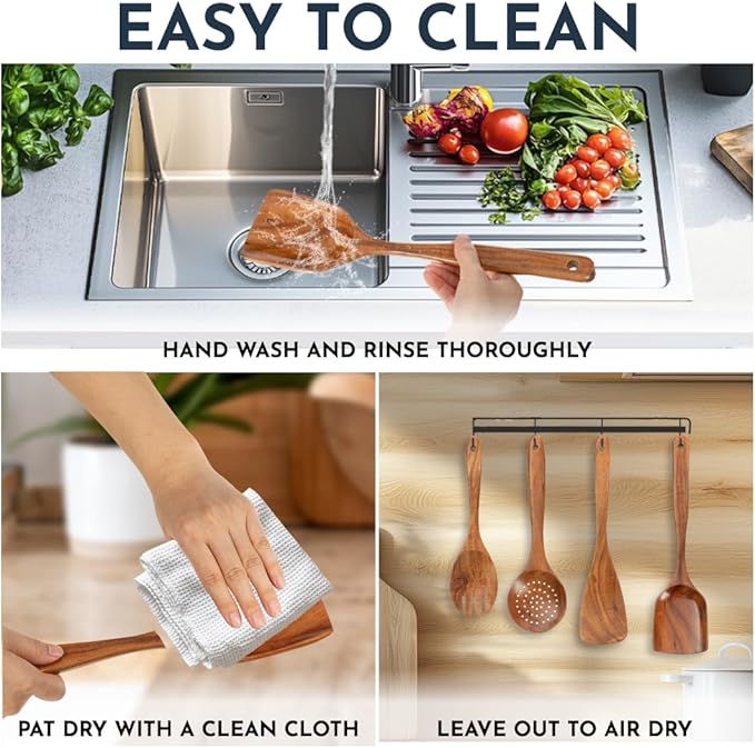 Teak Wooden Utensil Set 6-Piece - Smooth Finish Wooden Spoons for Cooking - Comfortable Grip, Non Scratch Premium Kitchen Wooden Cooking Utensils Set Teak Wood Cooking Utensils