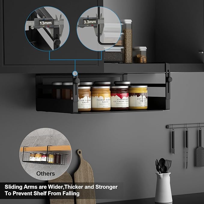 2 Pack Under Shelf Basket Organizers,Adjustable Hanging Under Cabinet Add-on Storage Racks Slide-in Baskets Organizer for Laundry Room Kitchen Pantry Desk Bookshelf, Black
