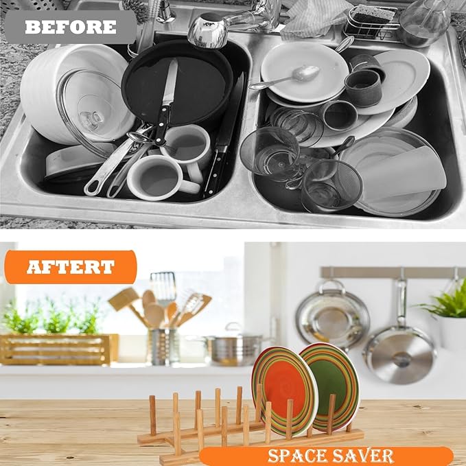Bamboo Dish Drying Rack Kitchen Cabinet Organizer, Plate Pot Lid Organizer, Wooden Drying Rack Stand Drainer for Dish, Pots, Lids, Bowls, Cups, and Cutting Boards and Books (4PCS)
