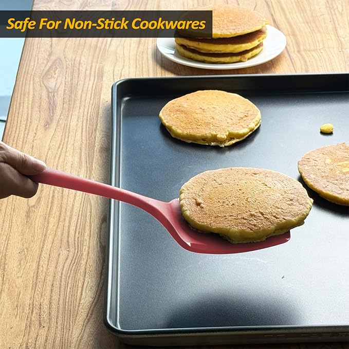 Silicone Pancake Spatula Turner with Lengthened Handle& Seamless Design, Heat Resistant Slotted Flipper for Nonstick Cookware, Large Flexible Kitchen Utensils for Egg, Pancake, Burger, Red