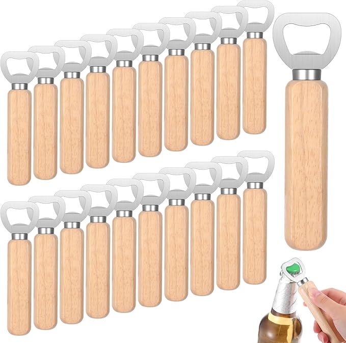 20 Pcs Bottle Opener Bulk with Wooden Handle, Stainless Steel Heavy Duty Engravable Wood Beer Opener for Party Bar Restaurant Kitchen Festivals