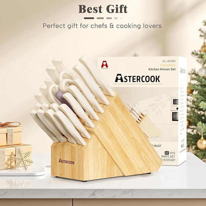 Knife Set, Astercook 22-Piece Kitchen Knife Set with Block & Built-in Sharpener, Ultra-Sharp High Carbon Stainless Steel Knives, Dishwasher Safe, Ergonomic Anti-slip Handle, Cream White