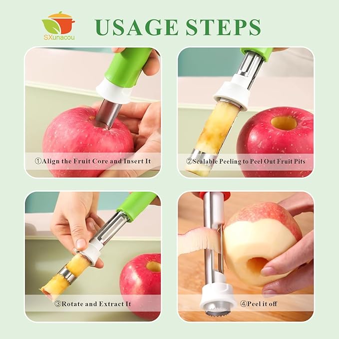 Telescopic Fruit and Vegetable Peeling Machine Multi functional Stainless Steel Apple Peeler Apple Core Remover 2-in-1 Household Kitchenware (Green)
