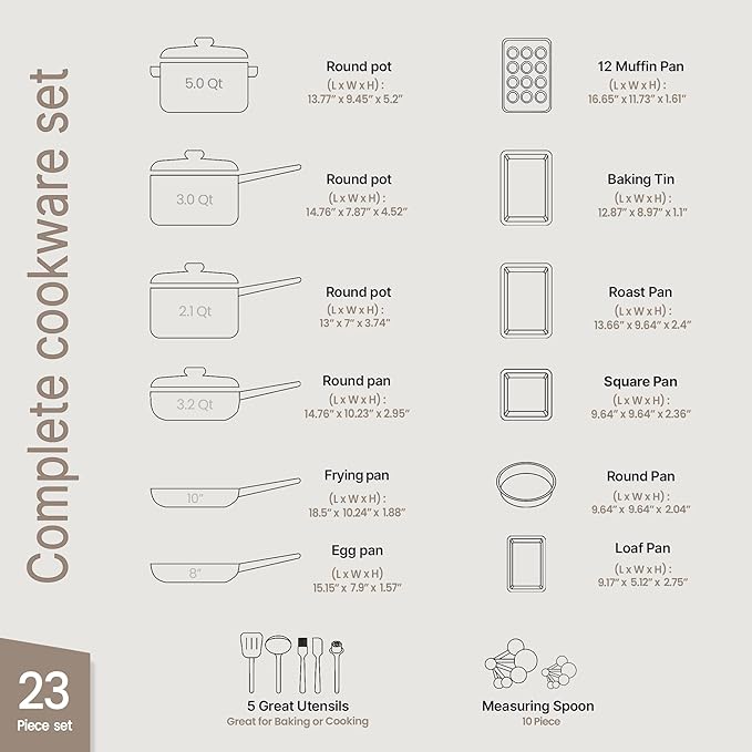 Pots and Pans Set, 23-Piece Non Stick Cookware & Bakeware Sets with Plaid Pattern, Stackable Design, Dishwasher Safe, Stain-resistant, Oven & All-Stove Safe, Tempered Glass Lid, Dark Gray