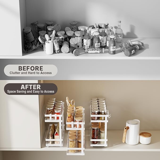Pull Out Spice Rack Organizer for Cabinet, 1 Pack Metal Seasoning Organizer Slide Out Spice Storage Shelf No Assembly Vertical Spice Rack Pullout for Kitchen & Bahthroom No Drill(2 Tier,White)