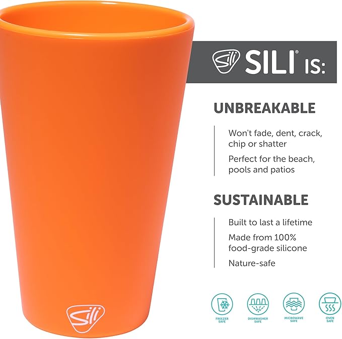 Silipint 16oz Silicone Pint Glass – Unbreakable BPA-Free Reusable Silicone Drinking Cup – Flexible Dishwasher Microwave & Freezer Safe – Stemless Glass for Water Coffee Smoothies (Orange)