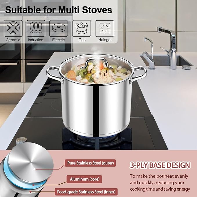 P&P CHEF 14 QT Stock Pot with Lid, Stainless Steel Large Cooking Pot, Soup Canning Stockpot for Stewing Simmering, Tri-ply Bottom for All Stoves, Heavy-Duty &Dishwasher Safe & Food-Grade