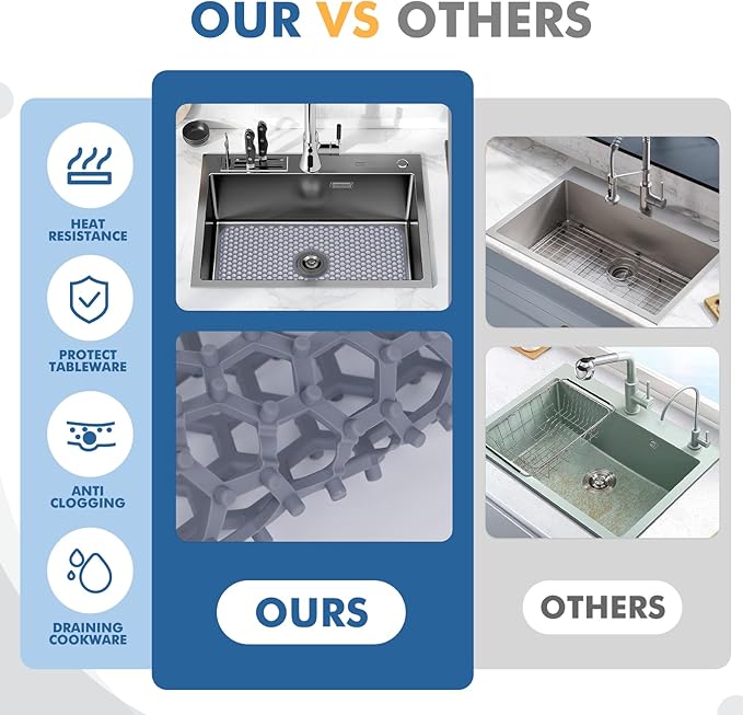 Silicone Sink Mat - Protectors for Kitchen Sink with Center Drain, 26"x 14" Kitchen Grid Accessory, Non-Slip Heat-Resistant Mat for Bottom of Farmhouse Porcelain Stainless Steel (Center Hole)