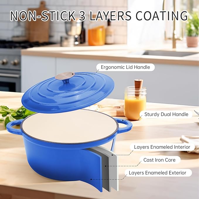 6 Quart Enameled Cast Iron Dutch Oven Pot with Lid and Silicone Accessories, Oven Safe up to 500°F or on Stovetop, Non-stick Dutch Oven for Bread Baking, Cooking, Dual Handles Cookware, Blue