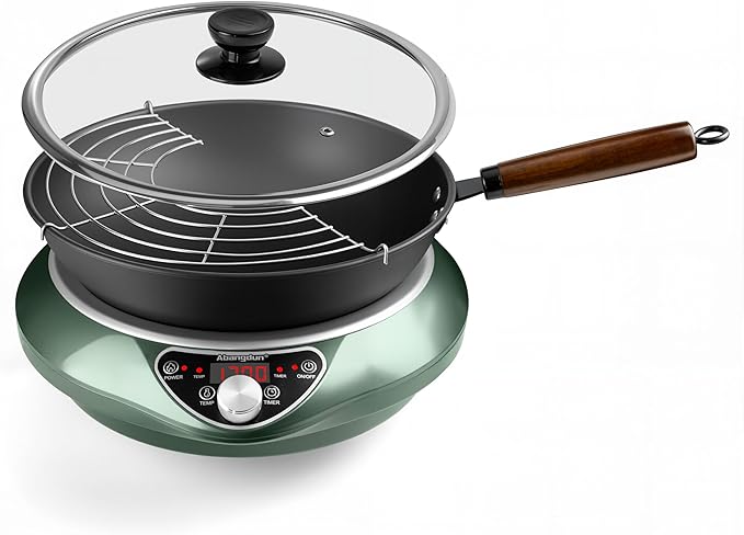 1700W Wok Induction Cooktop with 13.4” Nitride Carbon Steel Wok Round-Bottom & Flat-Pan Compatible, Electric Stir-Fry Wok Set for Home & Restaurant, No-Coating, Even Heating