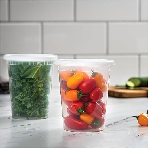 Stack Man [48 Sets - 32 oz.] Plastic Deli Disposable Food Storage Containers with Airtight Lids