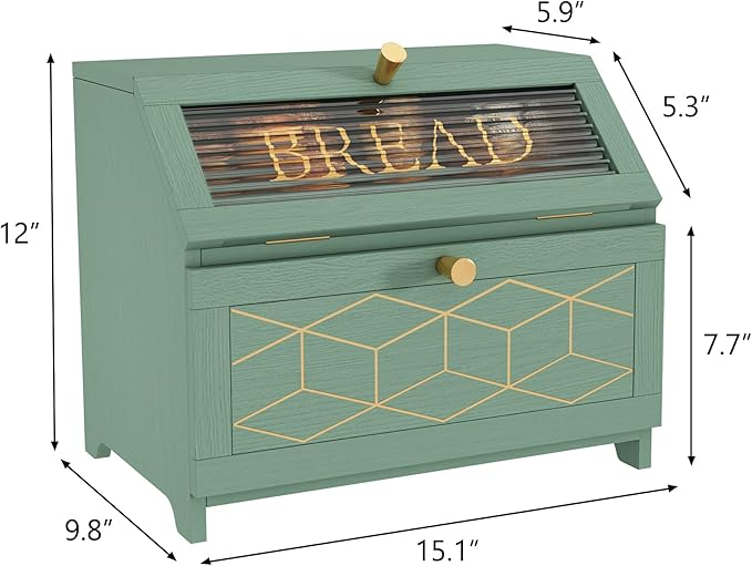 Double Layer Bread Box With Golden Trim for Countertop, Wooden Bread Container for Kitchen Counter, Corner Bread Storage (Green)