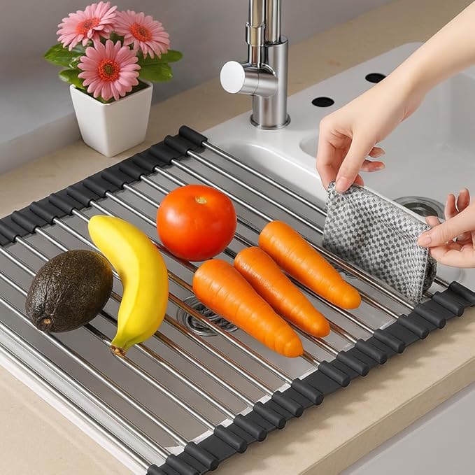 Roll Up Dish Drying Rack – Stainless Steel & Silicone Over Sink Mat, Foldable Kitchen Counter Organizer – Includes Mini Silicone Oven Mitts (Black)