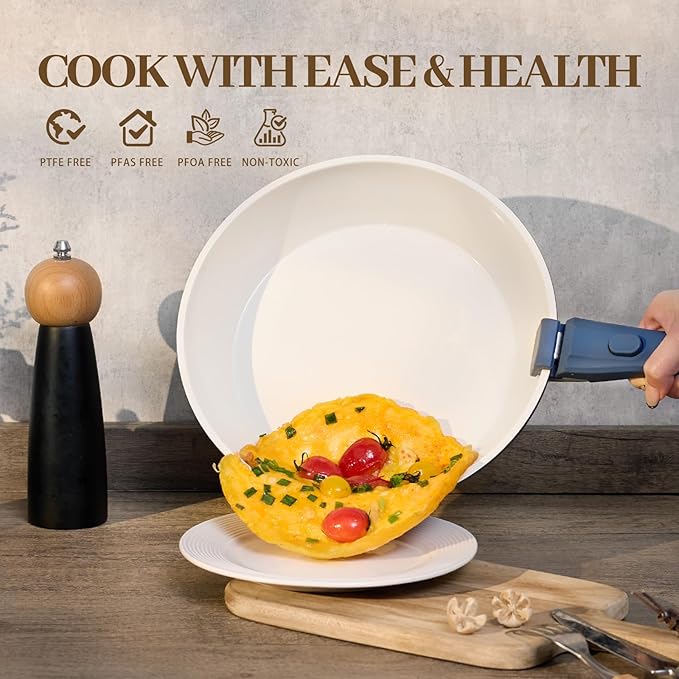 23Pcs Ceramic Cookware Set Non Stick Pots and Pans Set Non Toxic with Detachable Handle Induction Kitchen Cookware Set Space Saving, Oven & Dishwasher Safe, Navy