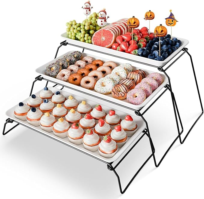 Extra Large 3-Tier Melamine Serving Tray Set and Cupcake Stand for Party Events, 17" Platters with Tiered Stand, Holds 63 Cupcakes, Food, Dessert, and Fruit – Black