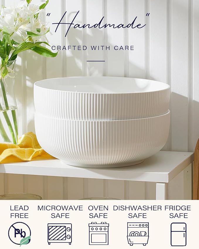 getstar Large Serving Bowls (8 inch & 60 fl oz), Ceramic Salad Bowl Set of 2, Microwave and Dishwasher Safe, Farmhouse Kitchen Decorative Bowls Set (Embossed Checks & Stripes)