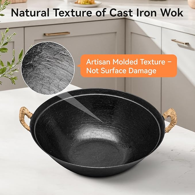 WANGYUANJI 14.2 Inch Cast Iron Wok with Wooden Lid and Stainless Steel Spatula, Flat Bottom Double-Handle Chinese Stir Fry Pan, Uncoated Cast Iron Wok for Induction, Gas and Electric Stoves