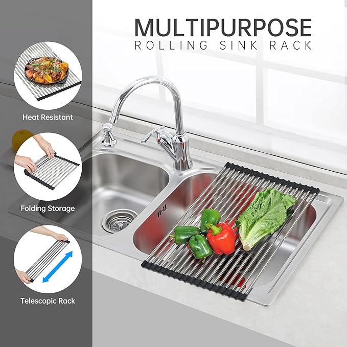 Expandable Large Roll Up Dish Drying Rack 18 Tube 21.25x12.79''Collapsible Over The Sink Rack Non-Slip Silicone Rolling Dish Drainer Stainless Steel Roll Rack for Kitchen Sink Counter