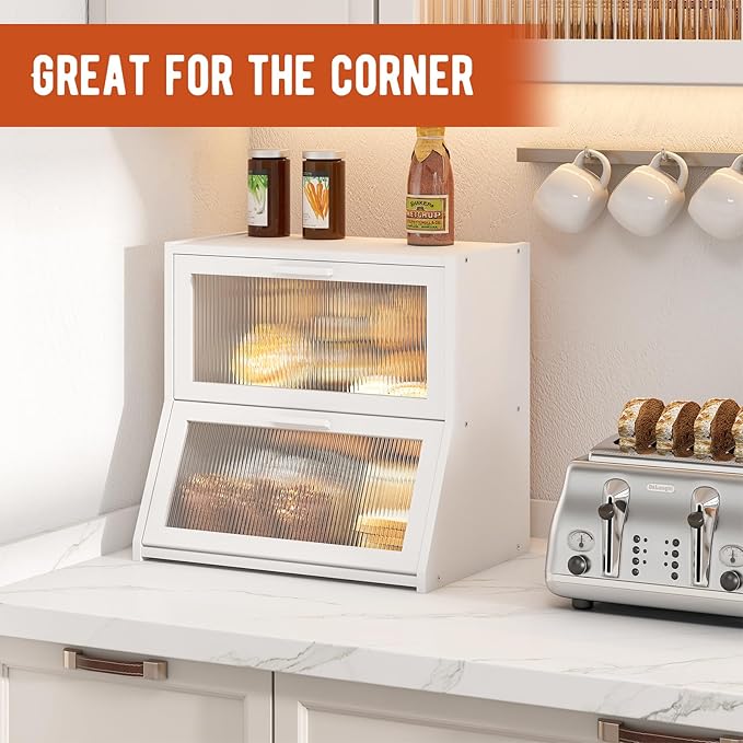 GHWIE Double Layer Bamboo Bread Box for Kitchen Counter,Large Capacity Bread Storage Bin,Bread Container with Acrylic Wavy Door Panel (White, Extra Large)