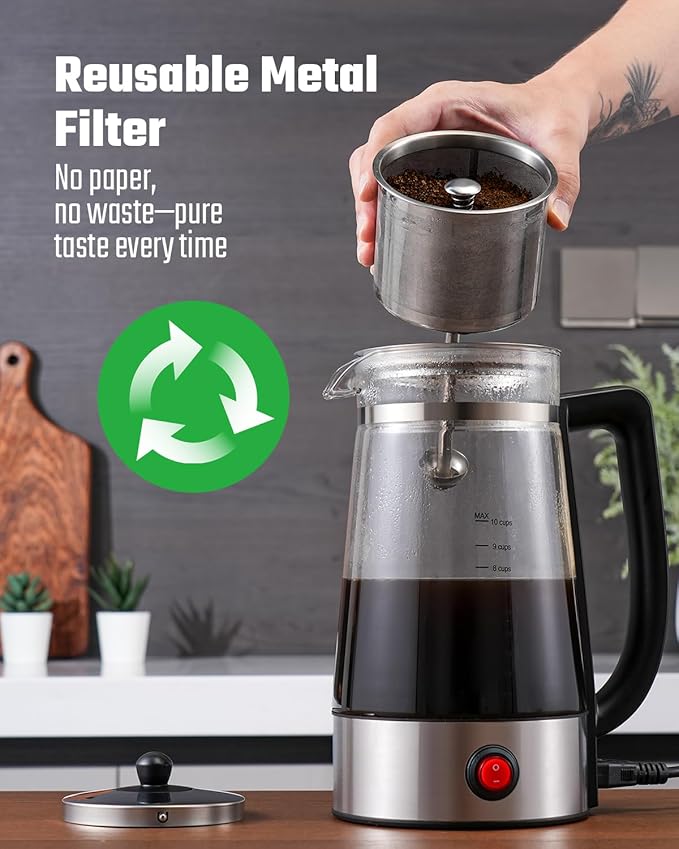 Percolator Coffee Pot Electric 10 Cup, Automatic Keep Warm, Stainless Steel Basket, Cool-Touch Handle