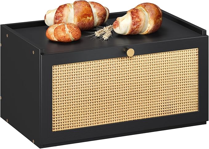 Rattan Bamboo Bread Box for Kitchen Counter Large Capacity Bread Storage Bin Farmhouse Bread Storage Container Rustic Bread Holder (Black)