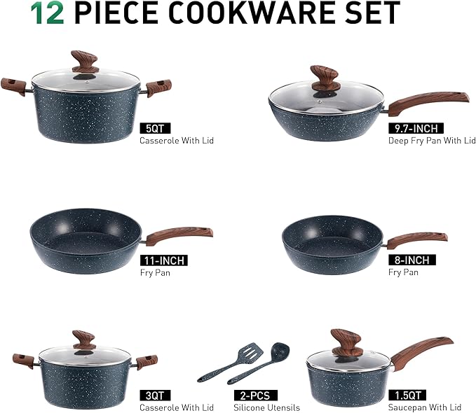 Kitchen Academy Pots and Pans Set Non Stick - 12 Piece Induction Kitchen Cookware Sets, Blue Granite Nonstick Cooking Pans Set
