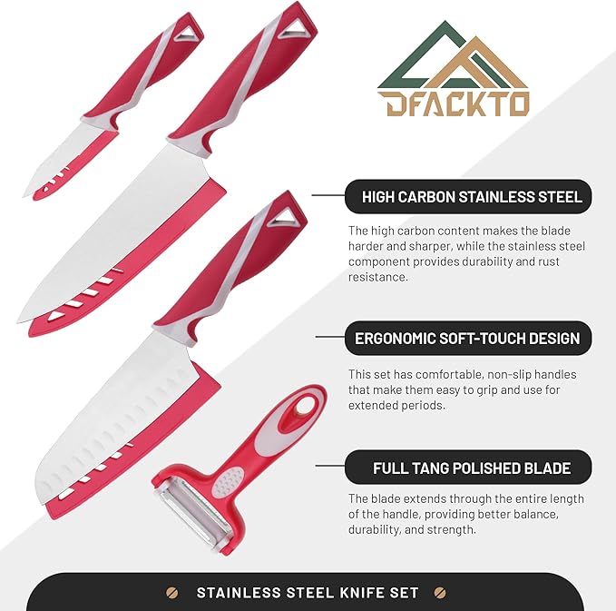 DFACKTO 4-Piece Kitchen Knife Set with Vegetable Peeler without Block – Stainless Steel Knives for Kitchen, Dishwasher Safe Cooking Knife Set with Covers, Sharp Cutting Knives for Cooking – Magenta