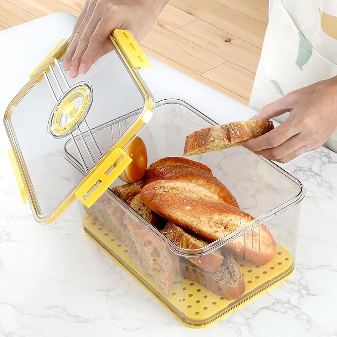 Large Bread Box For Kitchen Countertop,Yellow Bread Containers Storage Airtight Loaf,Plastic Breadbox,Bread Storage For Homemade Bread,Clear Fresh Bread Keeper