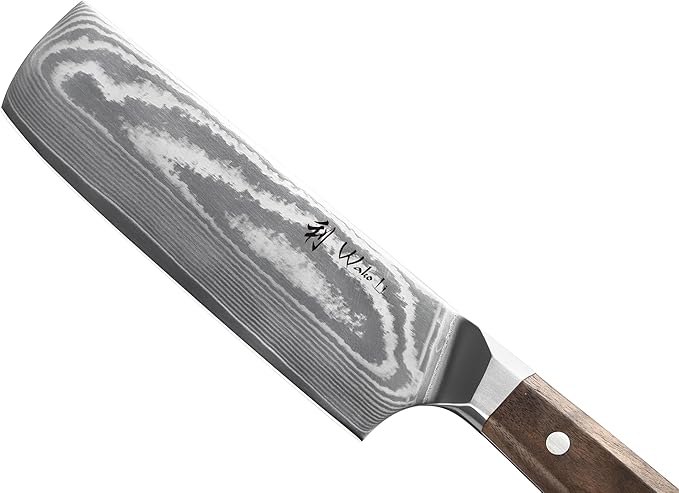 Wakoli HIK Damascus Nakiri Knife – Full Tang Vegetable Knife | 7-Inch Blade Made of 67-Layer Damascus Steel with VG10 Core | Walnut Wood Handle | Sharp, Durable, Gift Box Included