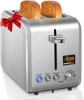 SEEDEEM 2 Slice Toaster - Stainless Steel With Color LCD Display, 7 Bread Shade Settings, 1.4'' Wide Slots, Bagel/Defrost/Reheat Functions, Removable Crumb Tray, 900W, Silver Metallic