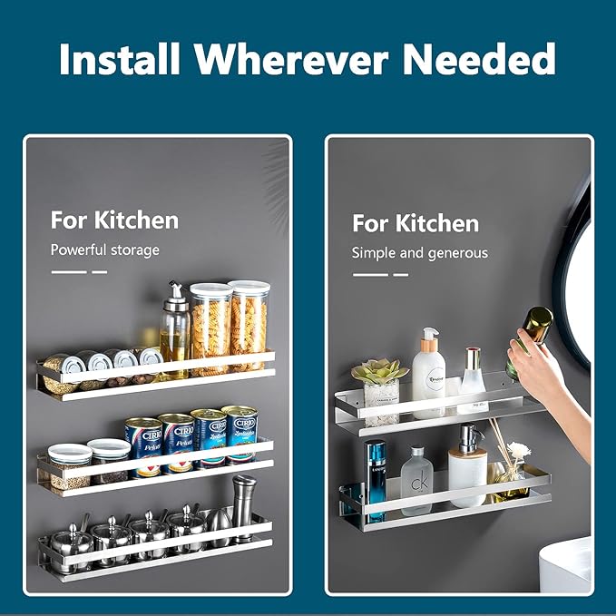 Rustproof Metal Storage Floating Shelves Wall Mounted Rectangular Shelf for Bedroom,Bathroom, Living Room, Kitchen, and Laundry Room,Nail-Free Wall-Mounted Shelves（11.8 Inch Silver）