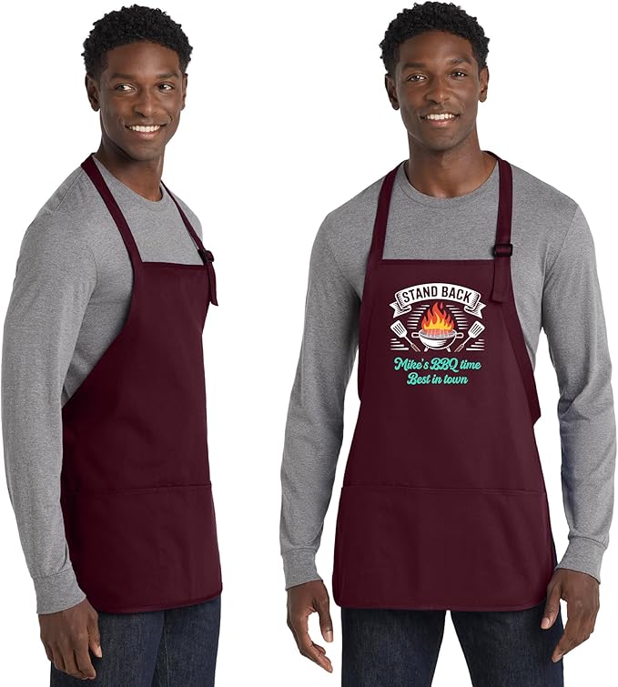 Personalized Medium Length Cooking & Grill Apron – Stand Back Design with Custom Text (1-2 Lines)
