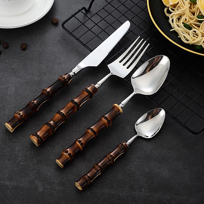 Wood Bamboo Silverware Set for 6 Cutlery Flatware Set Elegant Tableware Stainless Steel Cutlery Utensil Sets for Home Kitchen Restaurant Wooden Handle Dishwasher Safe 24 Pieces