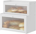 Double Layer Bamboo Bread Box for Kitchen Counter,Bread Holder,Countertop Bread Storage with Window (White)
