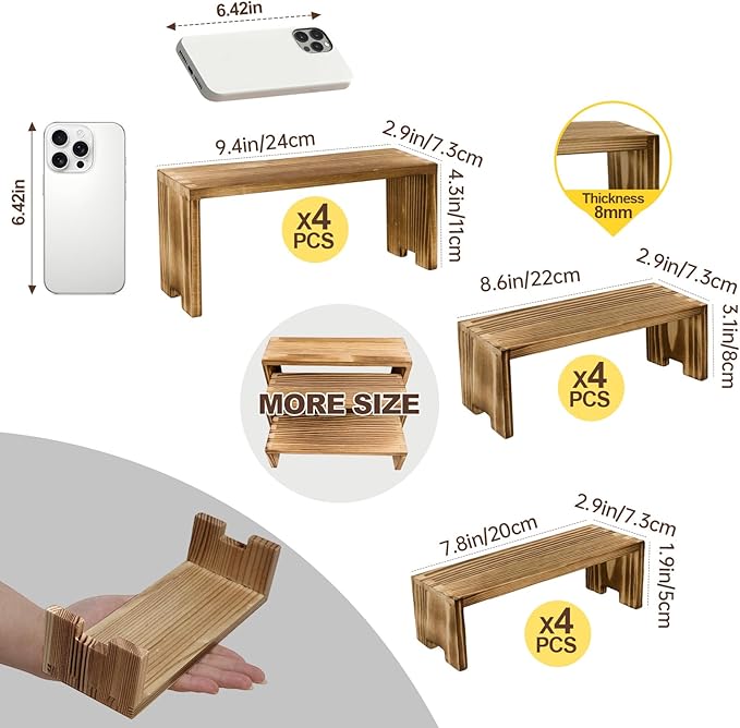 12Pcs Display Riser Wood Risers Cupcake Stand 3 Tier Racks Decorative Rectangular, 4 Set Cologne Perfume Organizer Dessert Stands for Vendors Event