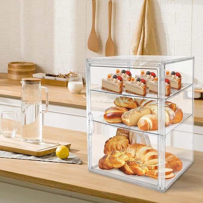 Extra Large 4 Tiers Clear Bread Box for Kitchen Counter, Acrylic Bread Keeper Stackable Storage Container Plastic Bread Bin Holder with Magnetic Door for Pantry Countertop